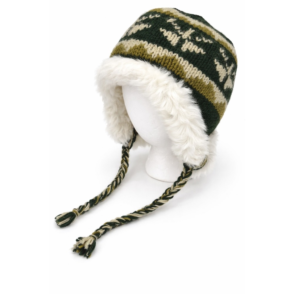 Himalaya Collection Womens Earflap Hat Cap One Size Green Fair Isle Wool Knit